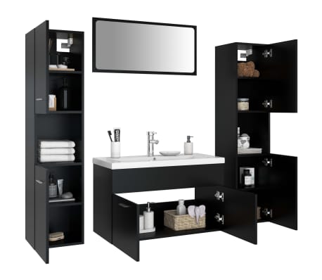 vidaXL Vonios kambario baldų komplektas, juodos spalvos, MDP