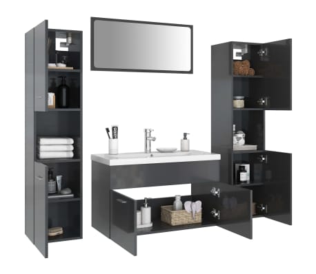 vidaXL Vonios kambario baldų komplektas, pilkas, MDP, ypač blizgus