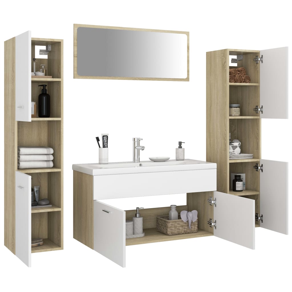 vidaXL Bathroom Furniture Set White and Sonoma Oak Engineered Wood