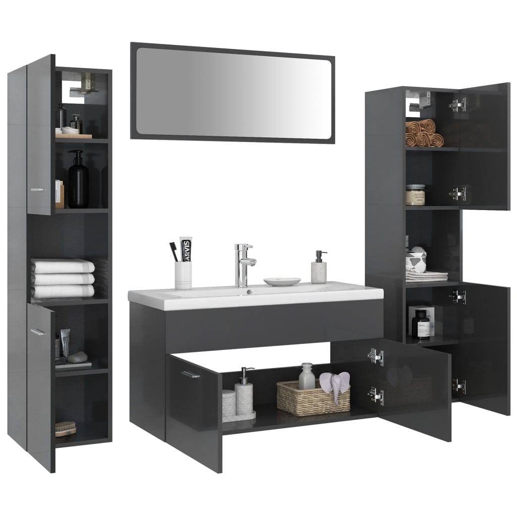 vidaXL Bathroom Furniture Set High Gloss Grey Engineered Wood