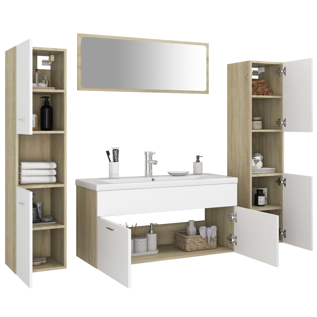 vidaXL Bathroom Furniture Set White and Sonoma Oak Engineered Wood