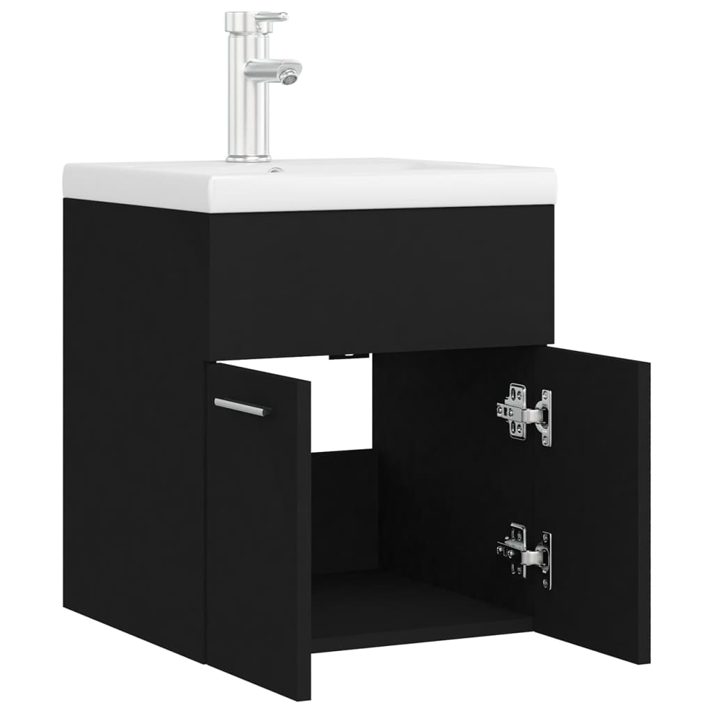 Fekete forgácslap mosdószekrény beépített mosdókagylóval 