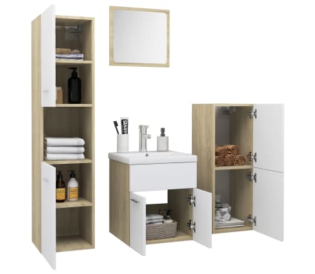 vidaXL Vonios kambario baldų komplektas, baltos ir ąžuolo spalvos, MDP