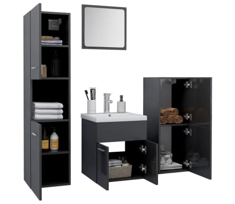 vidaXL Vonios kambario baldų komplektas, pilkas, MDP, ypač blizgus