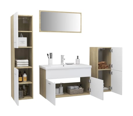 vidaXL Vonios kambario baldų komplektas, baltos ir ąžuolo spalvos, MDP