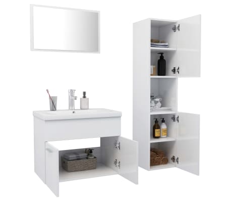 vidaXL Set mobilier de baie, alb extralucios, lemn prelucrat