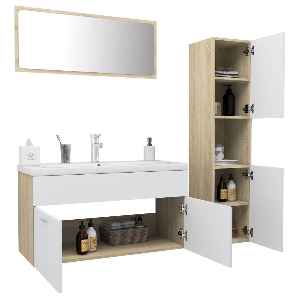 vidaXL Bathroom Furniture Set White and Sonoma Oak Engineered Wood