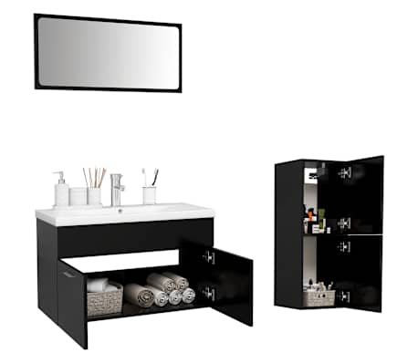 vidaXL Vonios kambario baldų komplektas, juodos spalvos, MDP