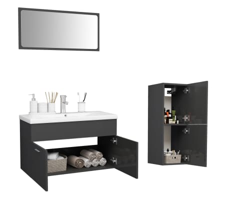 vidaXL Vonios kambario baldų komplektas, pilkas, MDP, ypač blizgus