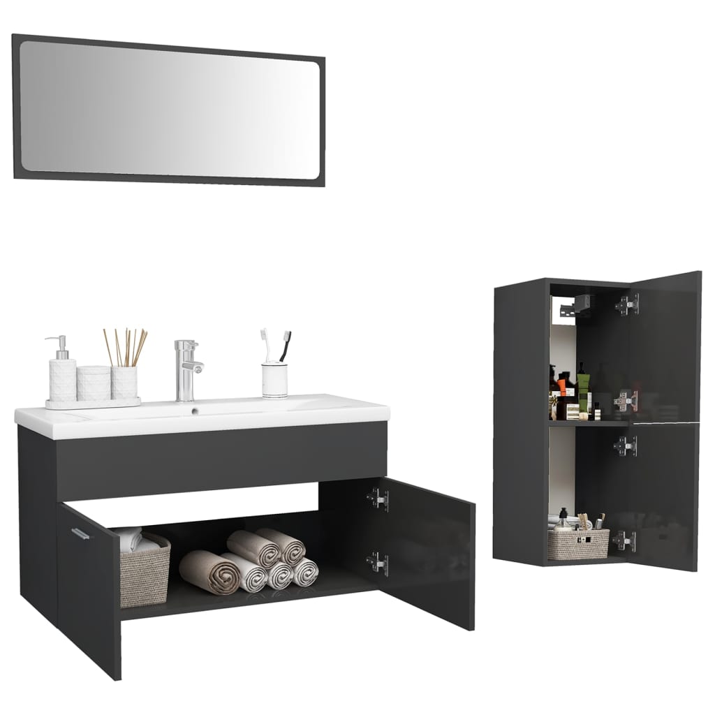 vidaXL Bathroom Furniture Set High Gloss Grey Engineered Wood