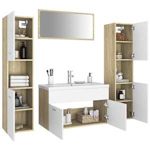 vidaXL Vonios kambario baldų komplektas, baltos ir ąžuolo spalvos, MDP