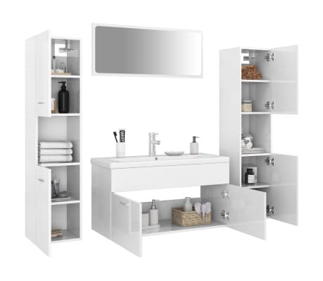 vidaXL Set mobilier de baie, alb extralucios, lemn prelucrat