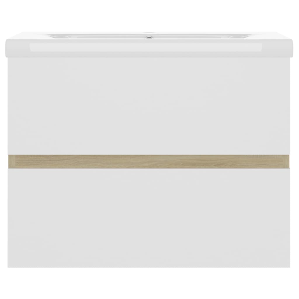 Fehér és tölgyszínű forgácslap mosdószekrény beépített mosdóval 