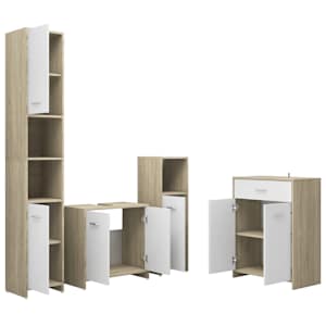 vidaXL Vonios kambario baldų komplektas, 4 dalių, baltas ir ąžuolo