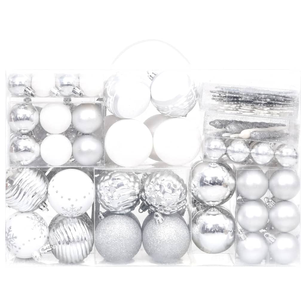 vidaXL 108 Piece Christmas Bauble Set Silver and White