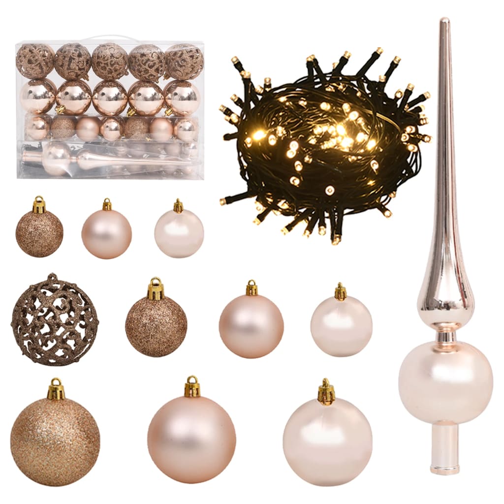 vidaXL Set globuri Crăciun cu vârf & 150 LED-uri 61 piese roz auriu