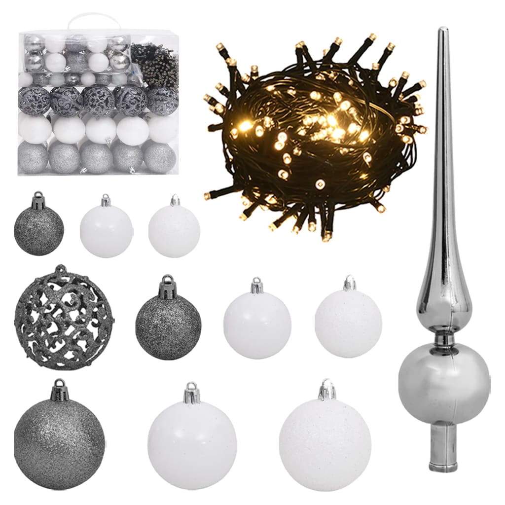 vidaXL Set globuri Crăciun cu vârf & 300 LED-uri 120 piese alb & gri
