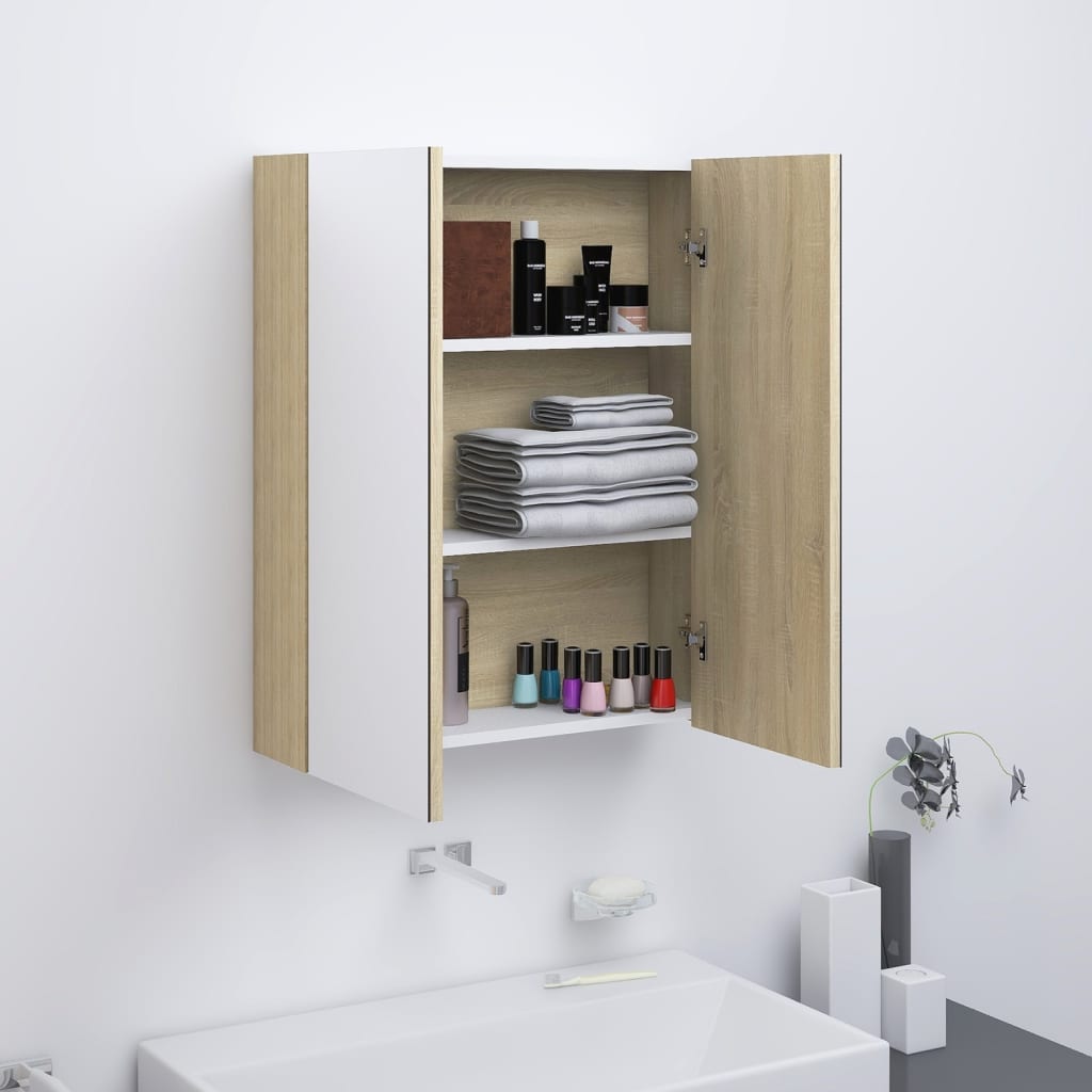vidaXL badeværelsesskab med spejl 60x15x75 cm MDF hvid og egetræsfarvet