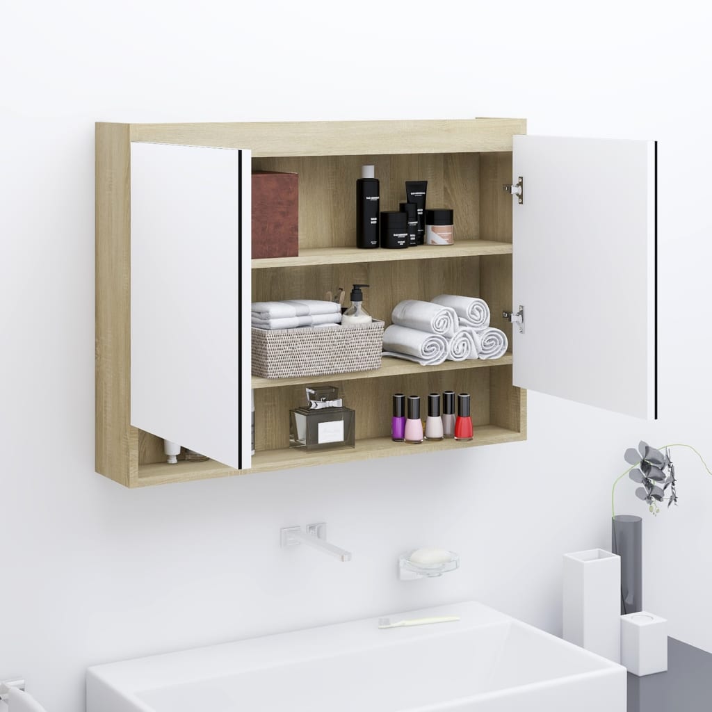 vidaXL badeværelsesskab med spejl 80x15x60 cm MDF hvid og eg