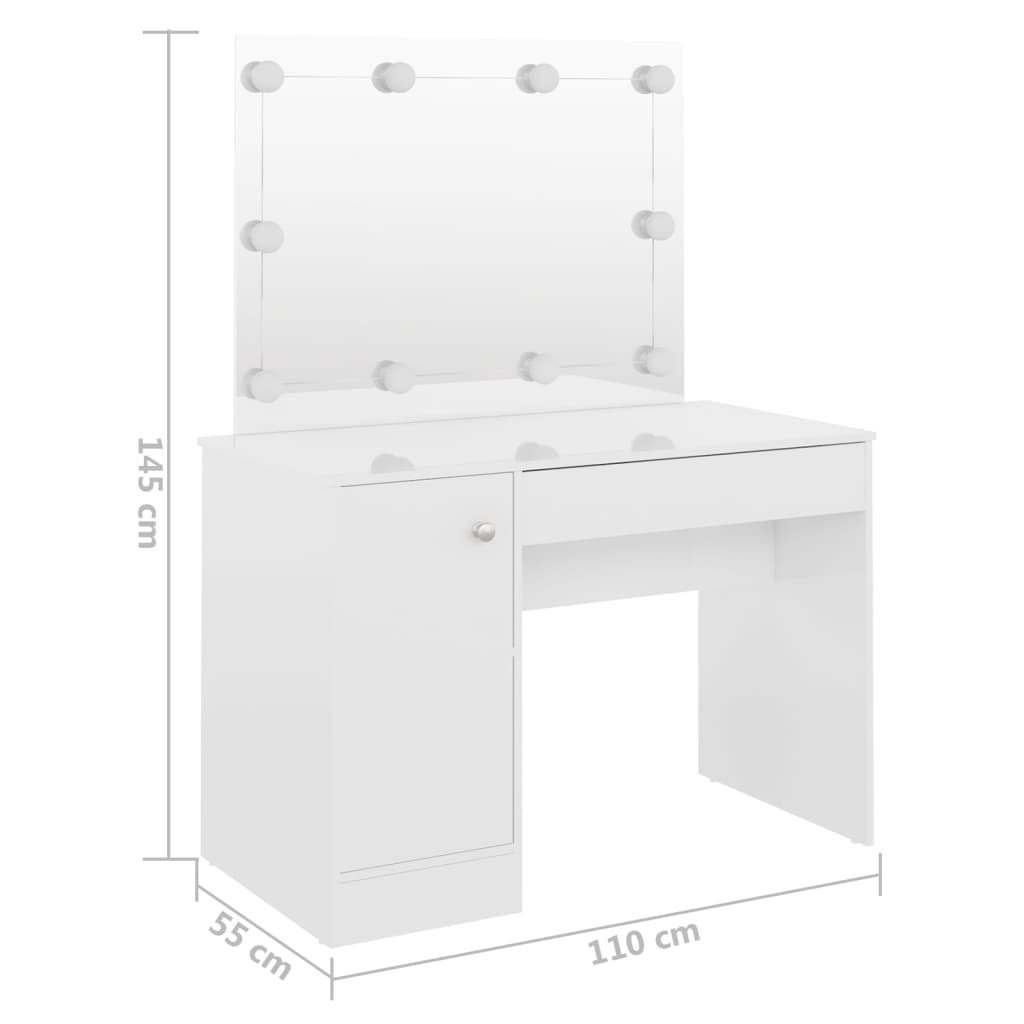  Toaletný stolík s LED svetlami 110x55x145 cm MDF lesklý biely