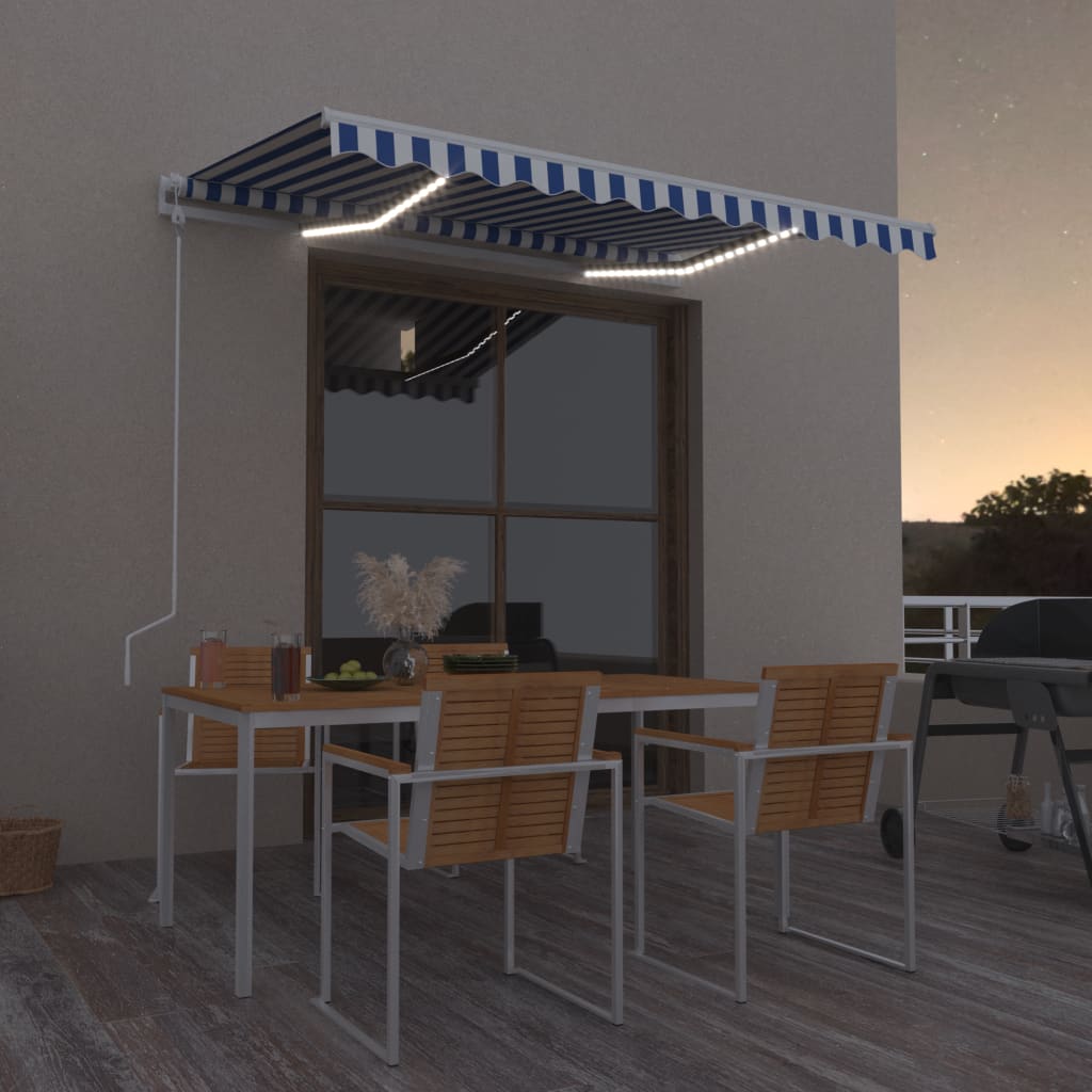 vidaXL markise m. LED + vindsensor 300x250 cm automatisk blå og hvid