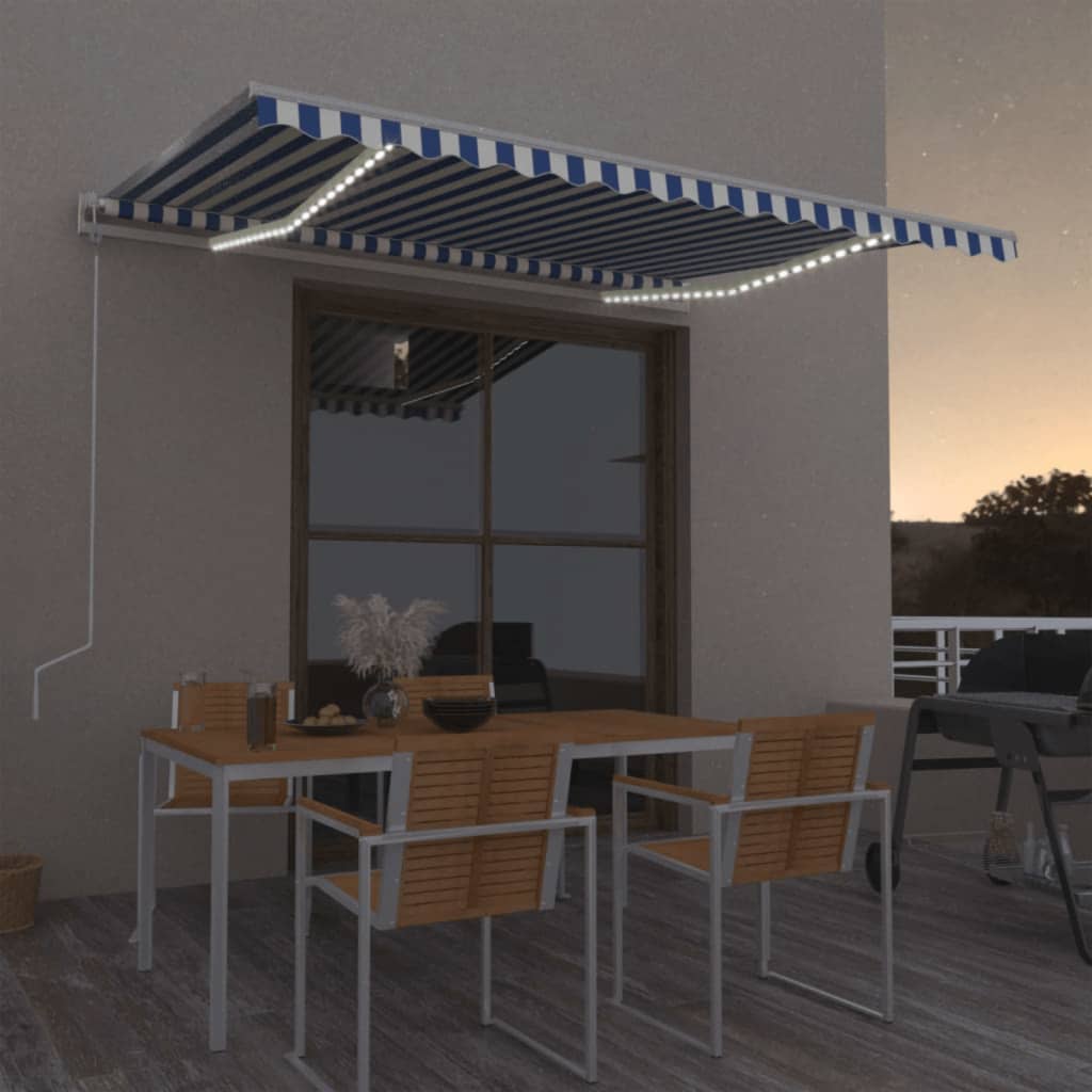 vidaXL markise m. LED + vindsensor 400x300 cm automatisk blå og hvid