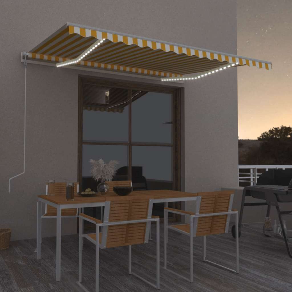 vidaXL markise m. LED + vindsensor 400x300 cm automatisk gul og hvid