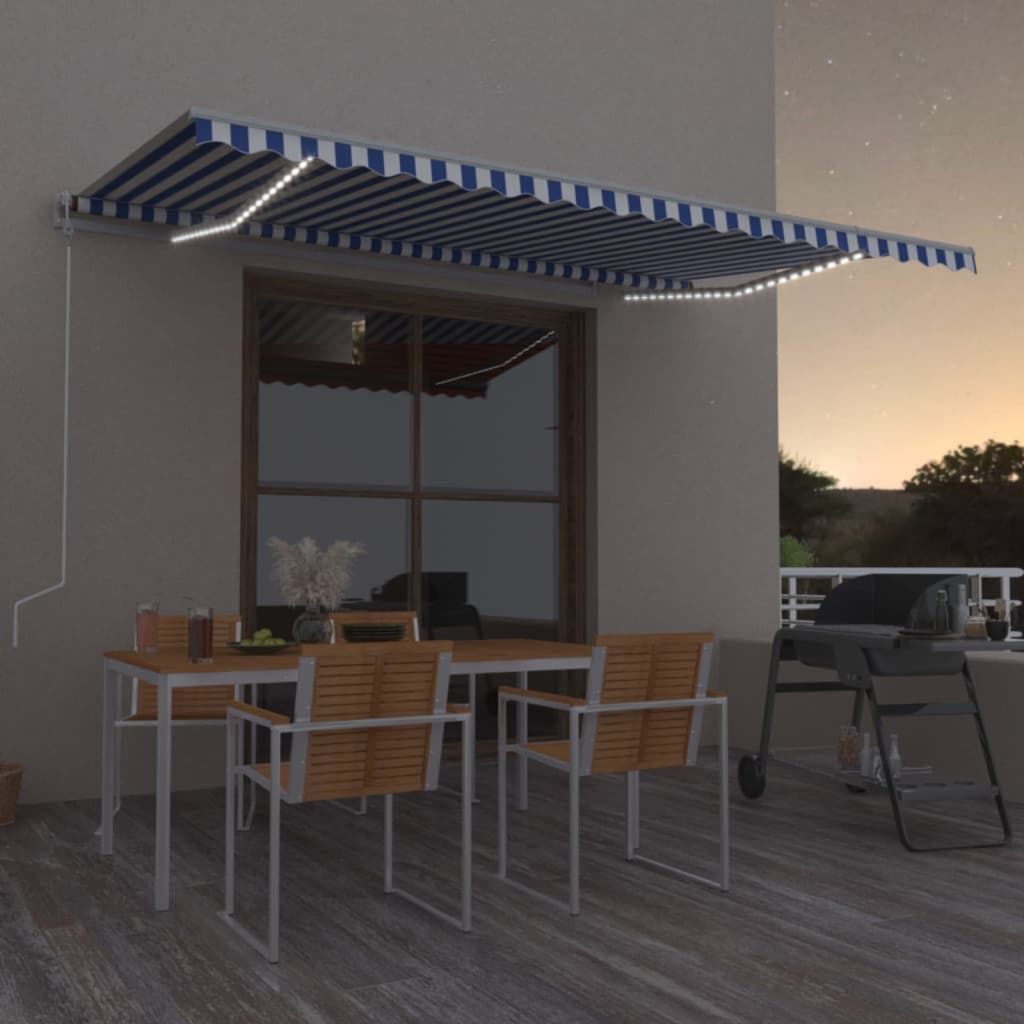vidaXL markise m. LED + vindsensor 500x300 cm automatisk blå og hvid