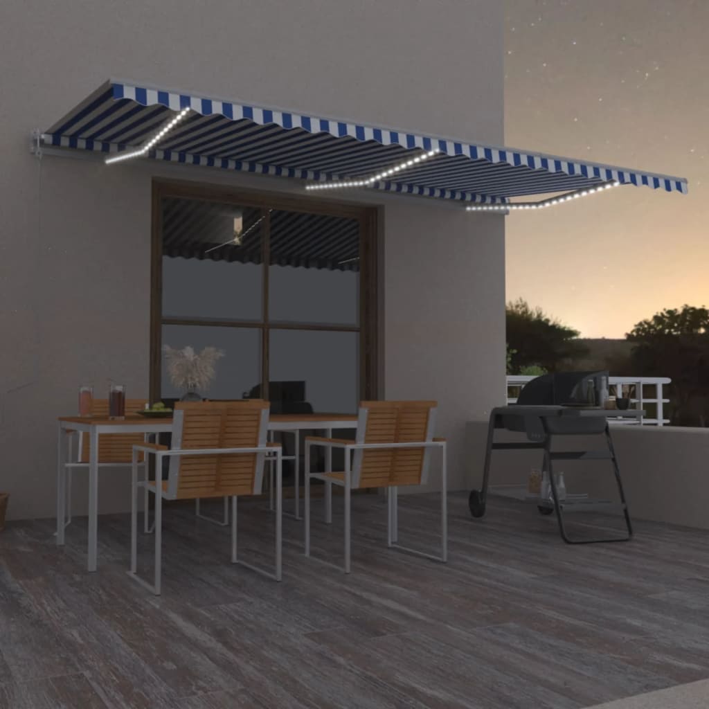 vidaXL markise m. LED + vindsensor 600x300 cm automatisk blå og hvid