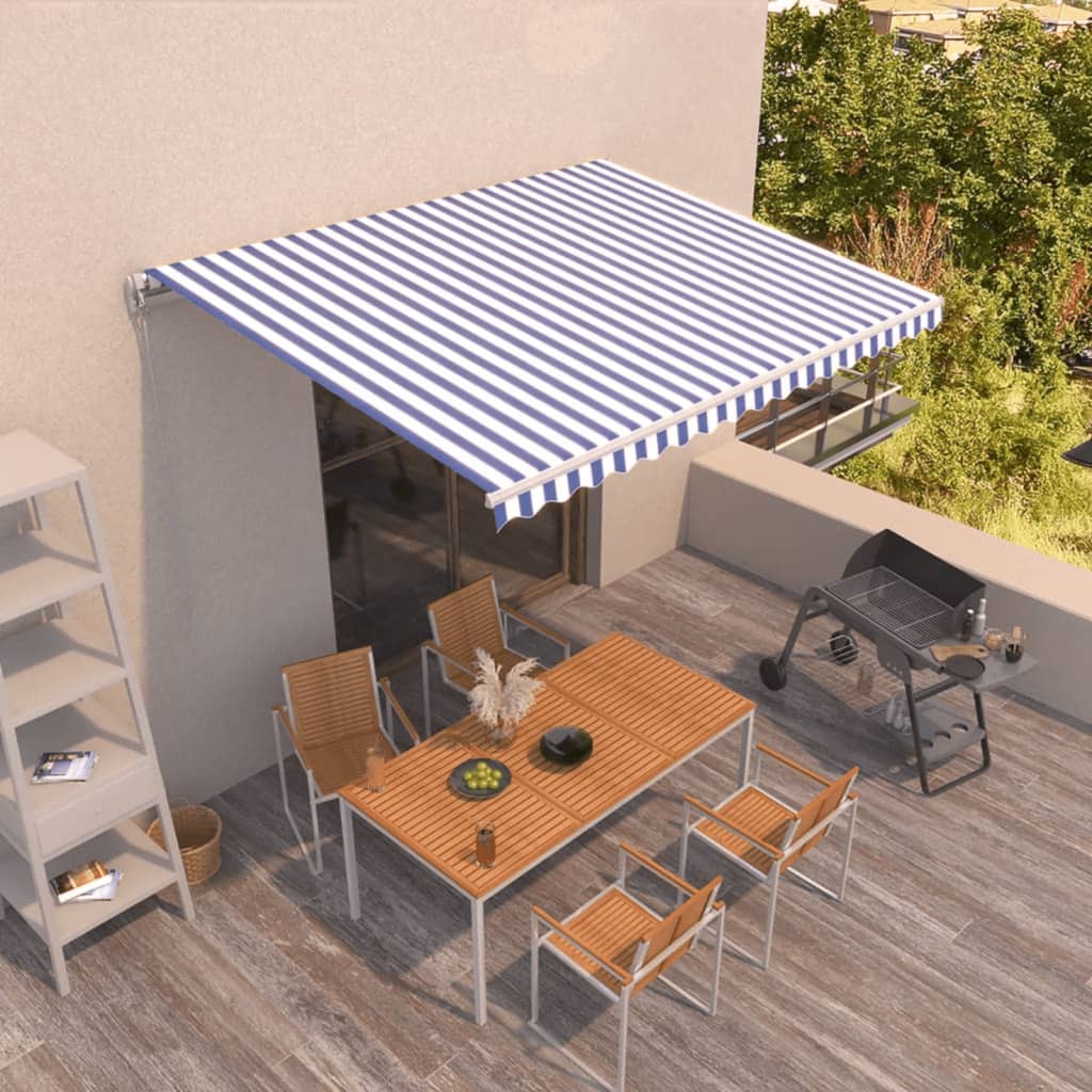 vidaXL Copertină retractabilă manual, albastru și alb, 400x350 cm