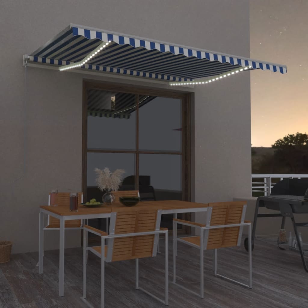 vidaXL Copertină retractabilă manual cu LED, albastru/alb, 450x350 cm