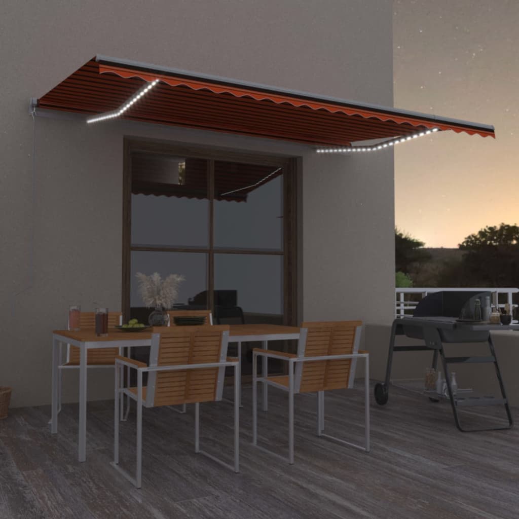 vidaXL Copertină retractabilă manual, LED, portocaliu/maro, 500x350 cm