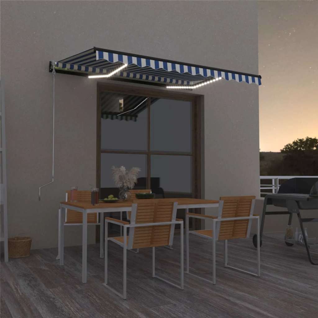 vidaXL Copertină retractabilă manual LED, albastru și alb, 350x250 cm