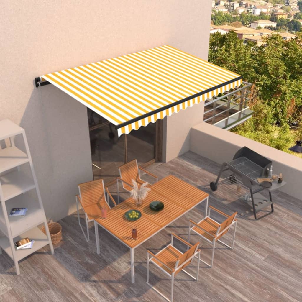 vidaXL Copertină retractabilă manual, galben și alb, 450x300 cm