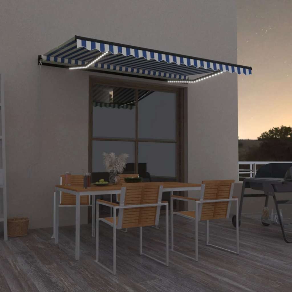 vidaXL Copertină retractabilă manual LED, albastru și alb, 450x300 cm