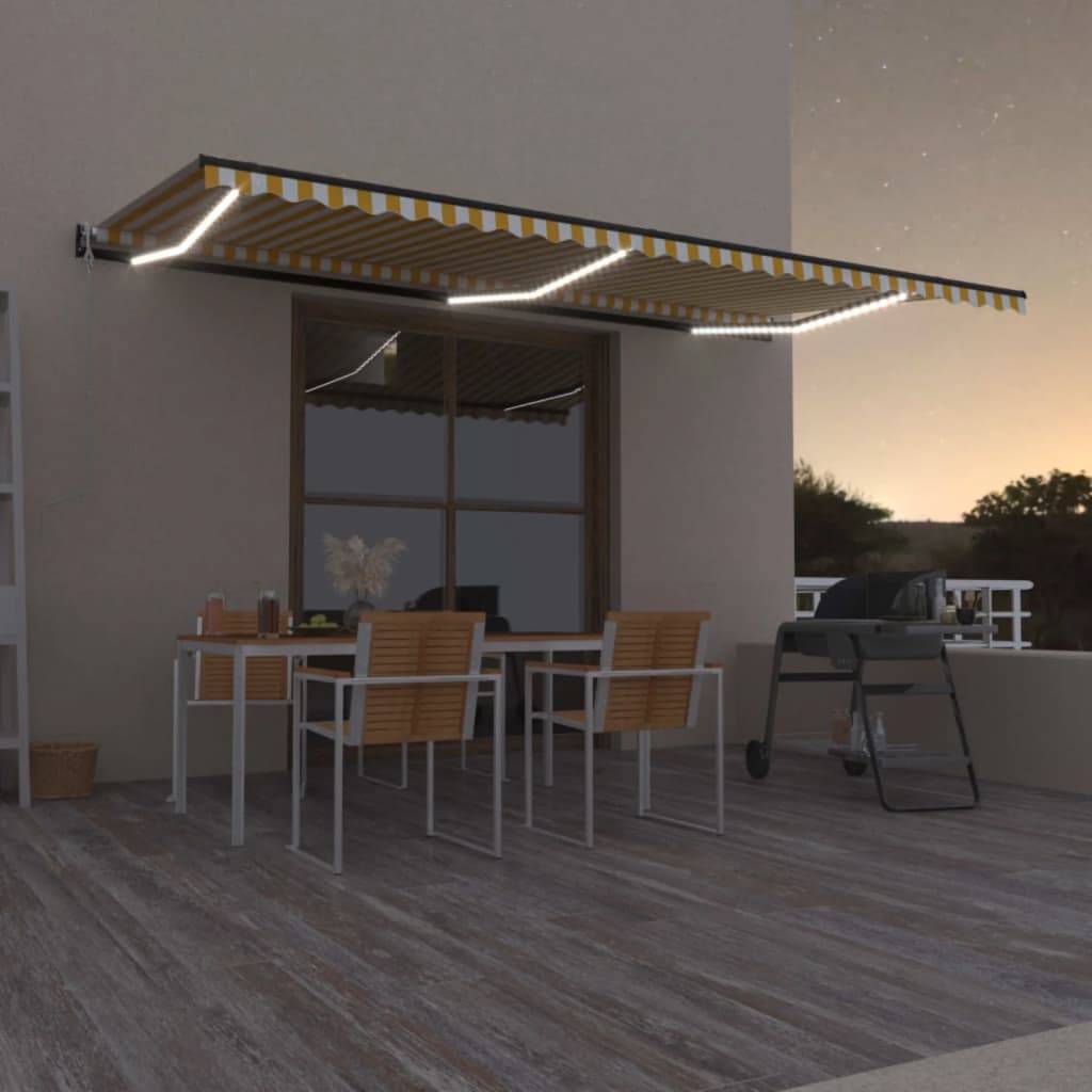 vidaXL markise m. LED + vindsensor 600x300 cm automatisk gul/hvid