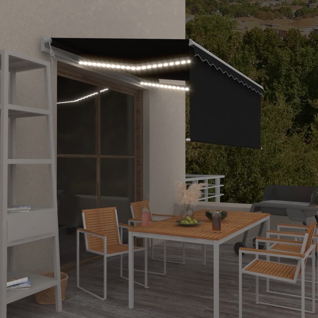 vidaXL markise m. gardin+LED+vindsensor 3x2,5 m automatisk antracitgrå