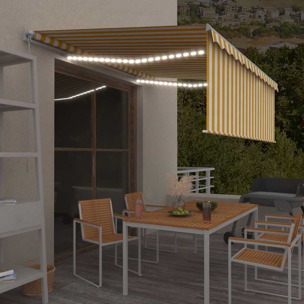 vidaXL Copertină retractabilă manual cu stor&LED, galben&alb, 4x3 m