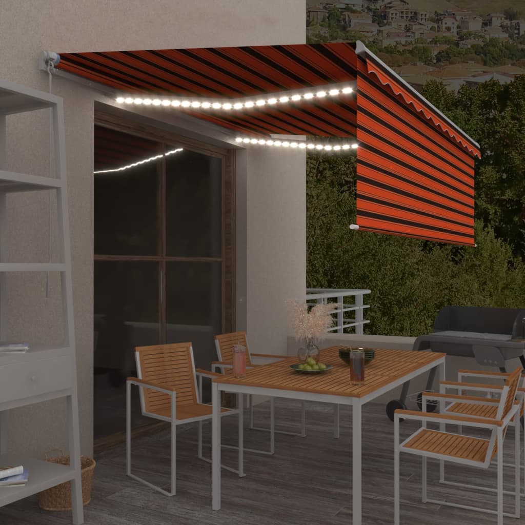 Auvent Manuel Rétractable avec Store et LED 4x3 m Orange Marron offres Banne vidaXL