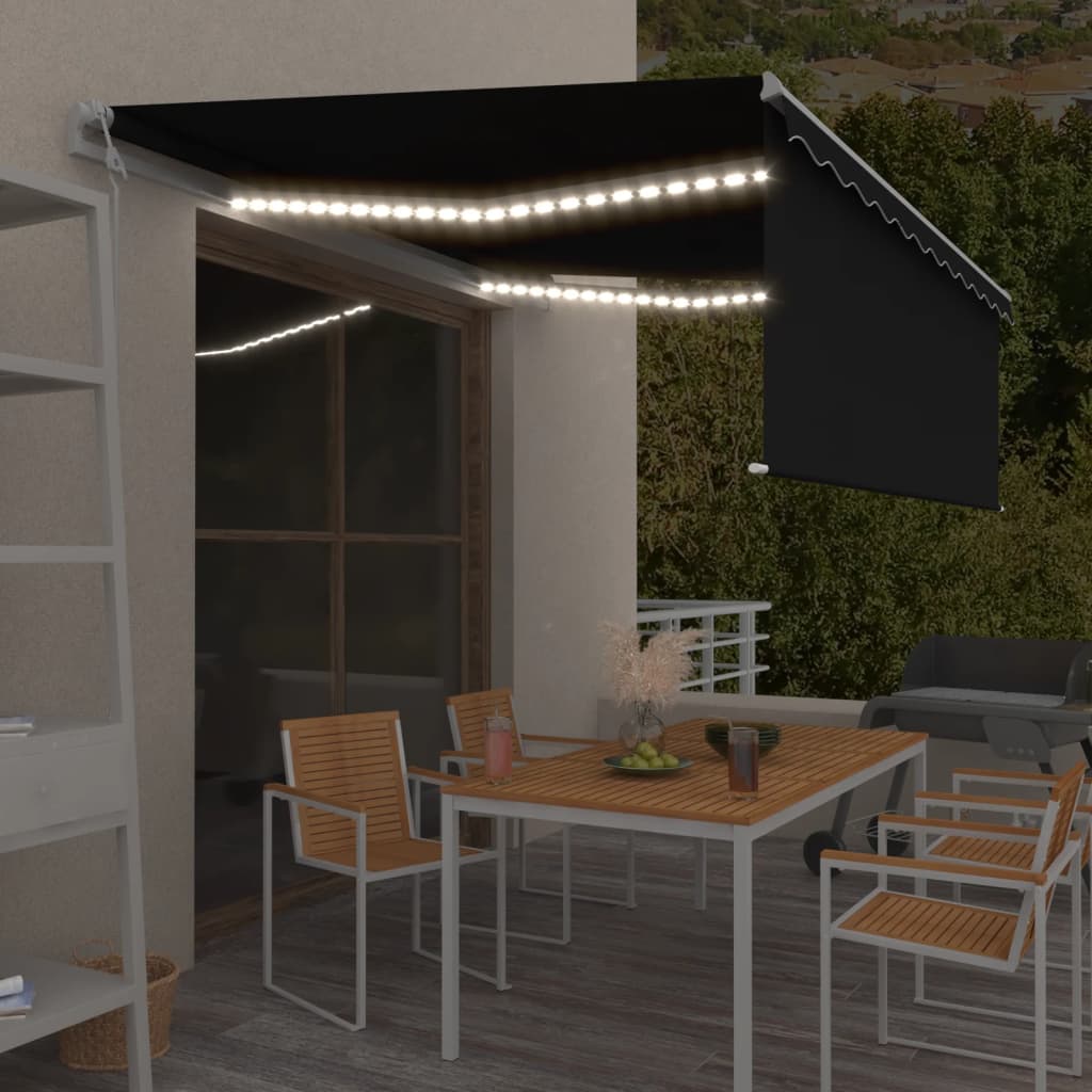 vidaXL markise m. gardin+LED+vindsensor 4x3 m automatisk antracitgrå