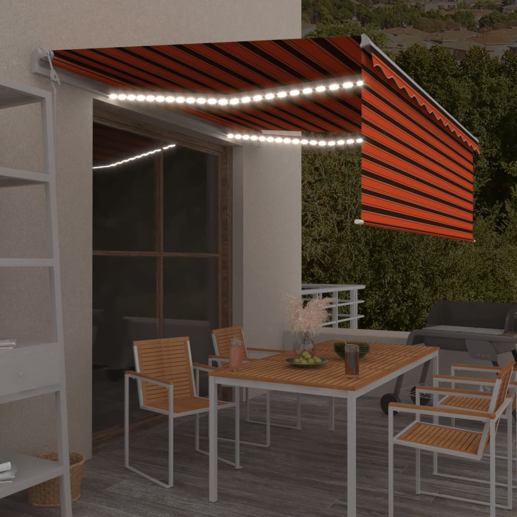 vidaXL markise m. gardin+LED+vindsensor 4x3 m automatisk orange/brun