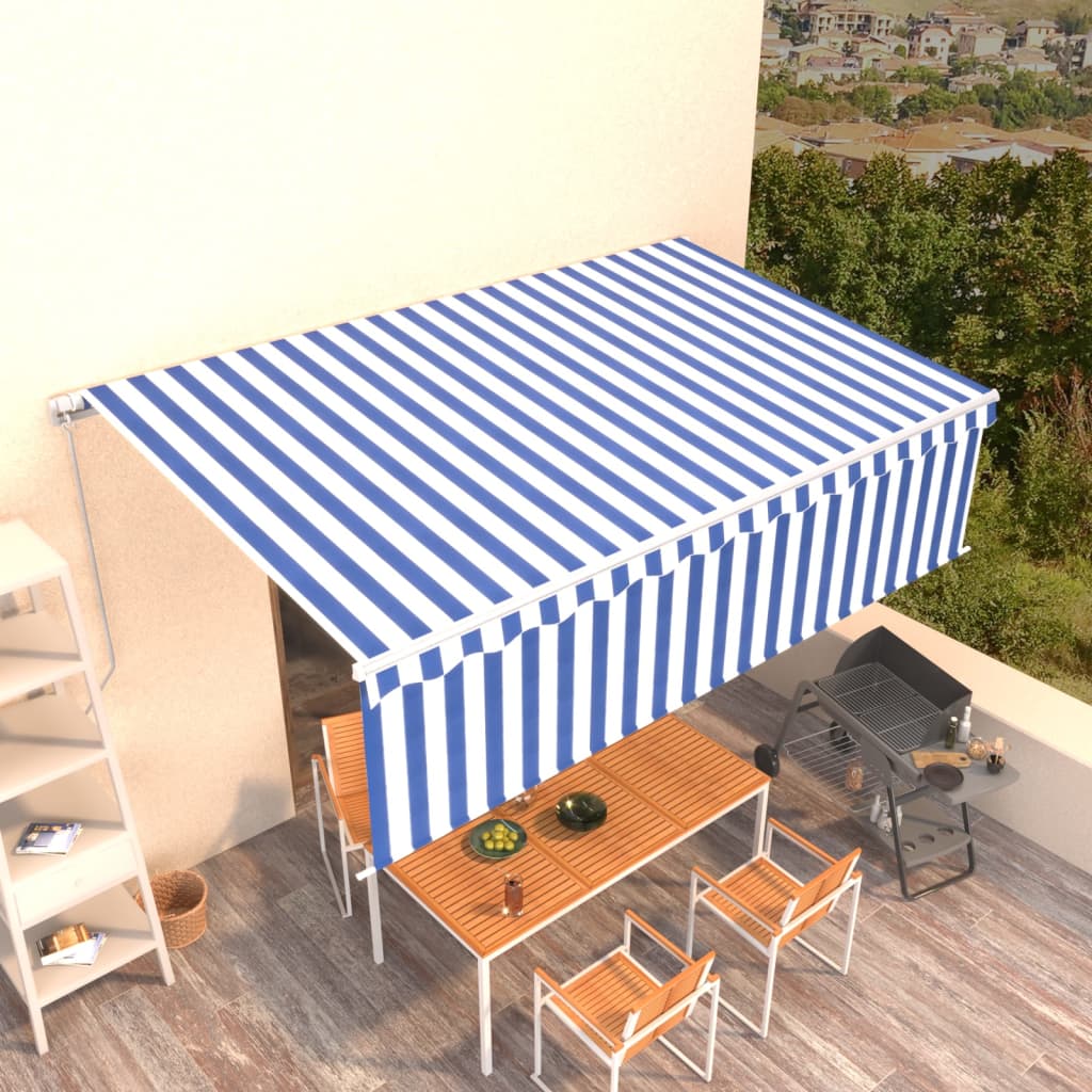 vidaXL Copertină retractabilă manual cu stor, albastru&alb, 5x3 m