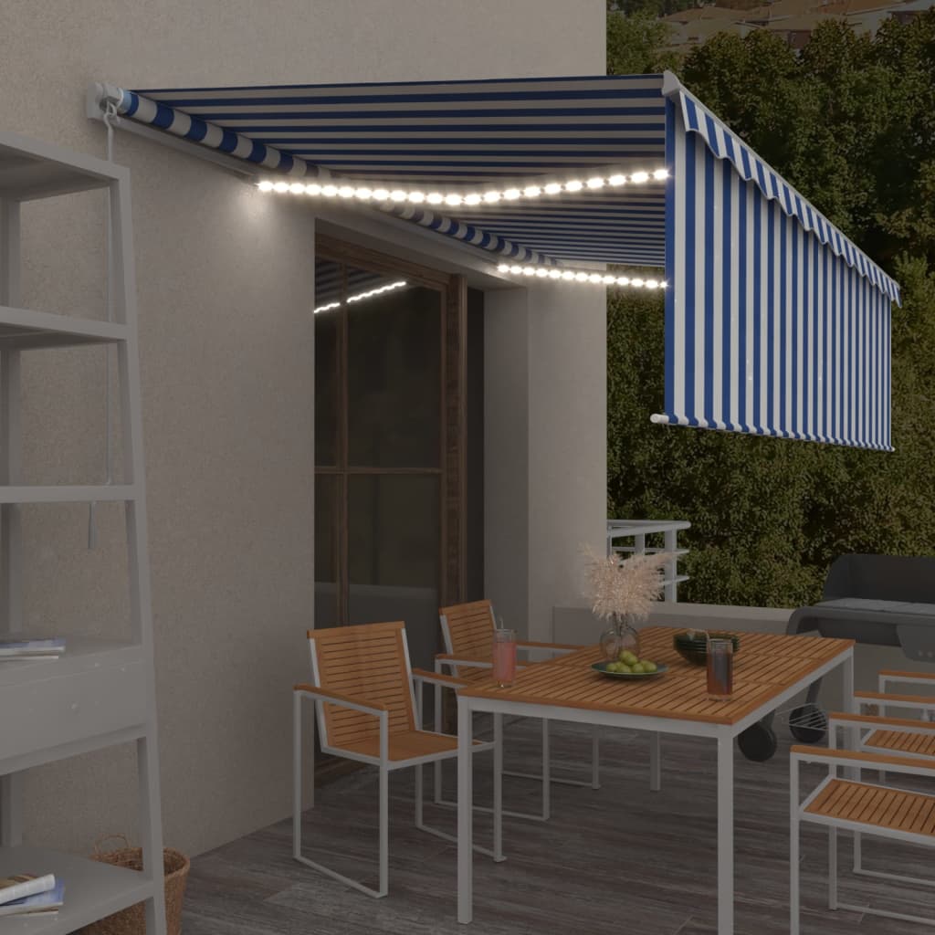 vidaXL Copertină retractabilă manual cu stor&LED, albastru&alb, 5x3 m