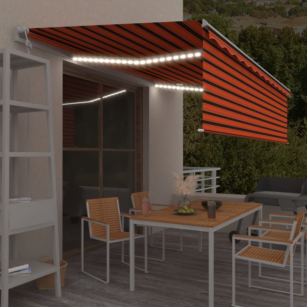 vidaXL markise m. gardin+LED+vindsensor 5x3 m automatisk orange/brun