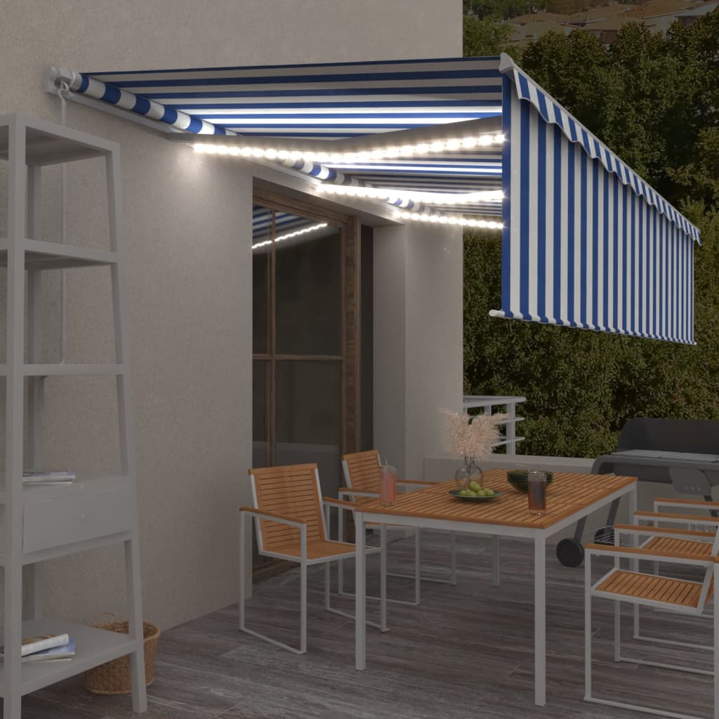 vidaXL Copertină retractabilă manual cu stor&LED, albastru&alb, 6x3 m