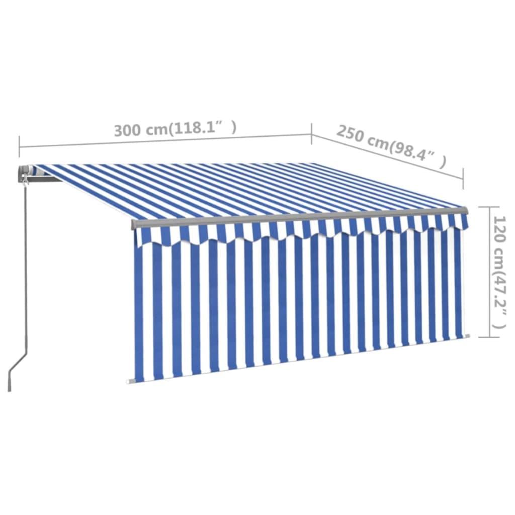 Copertină retractabilă manual cu stor, albastru & alb, 3x2,5 m