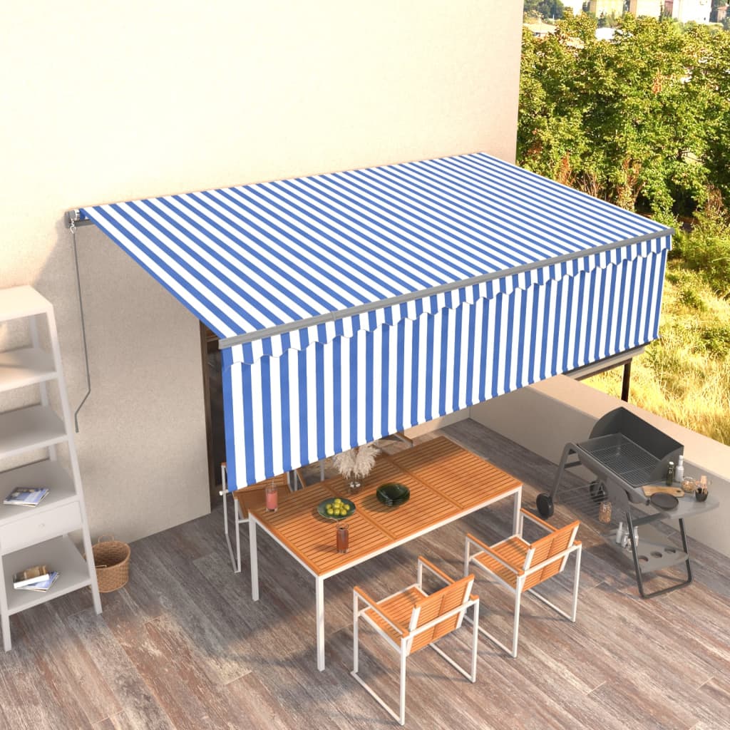 vidaXL Copertină retractabilă manual cu stor, albastru&alb, 5x3 m