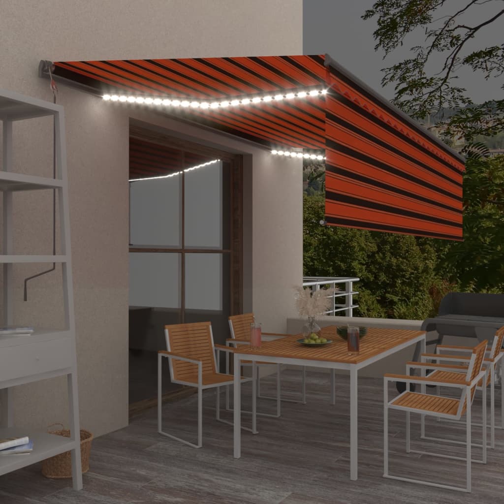 vidaXL markise m. gardin+LED+vindsensor 5x3 m automatisk orange/brun