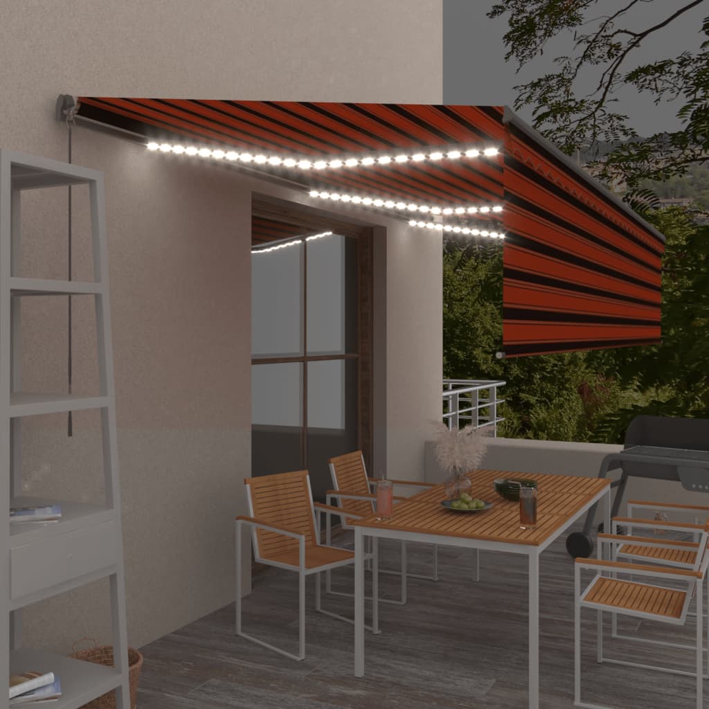 8: vidaXL markise m. gardin + LED 6x3 m manuel betjening orange og brun