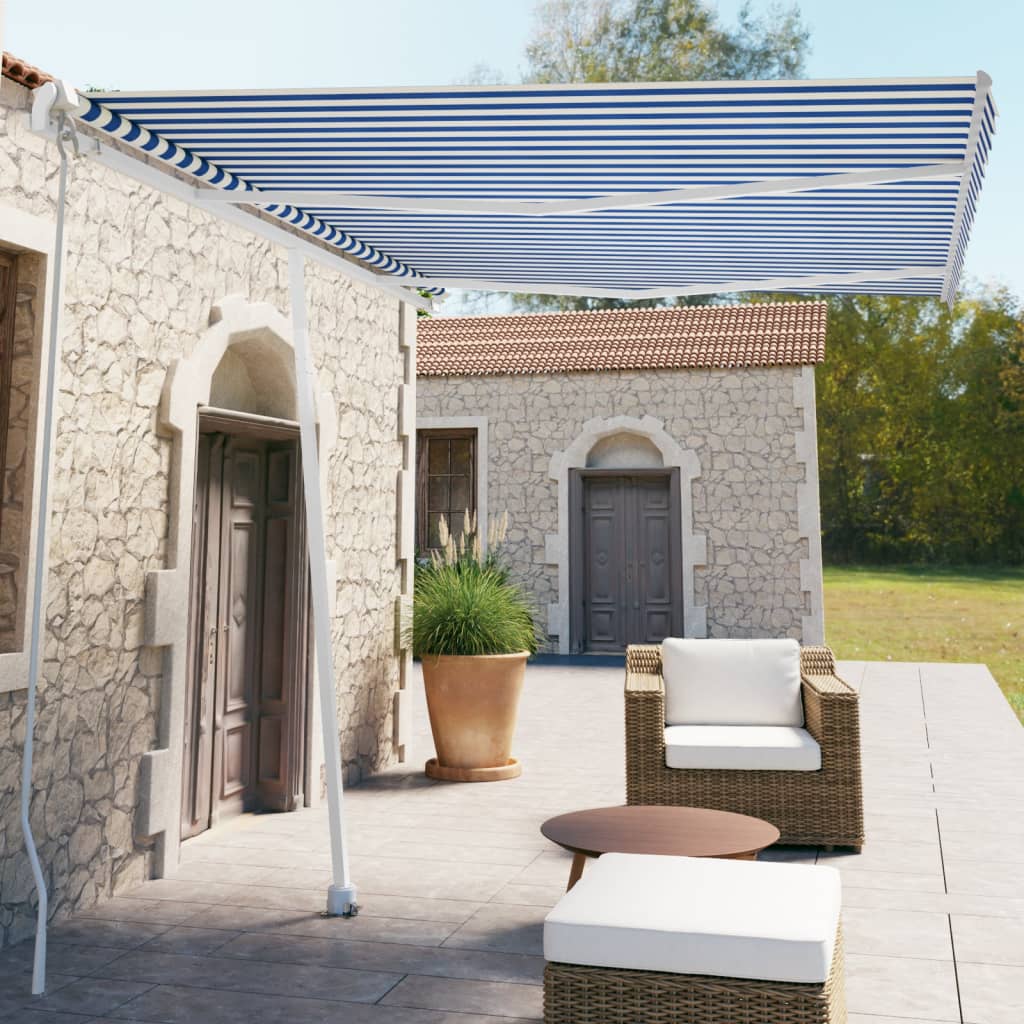 vidaXL Copertină autonomă retractabilă manual, albastru/alb, 350x250cm